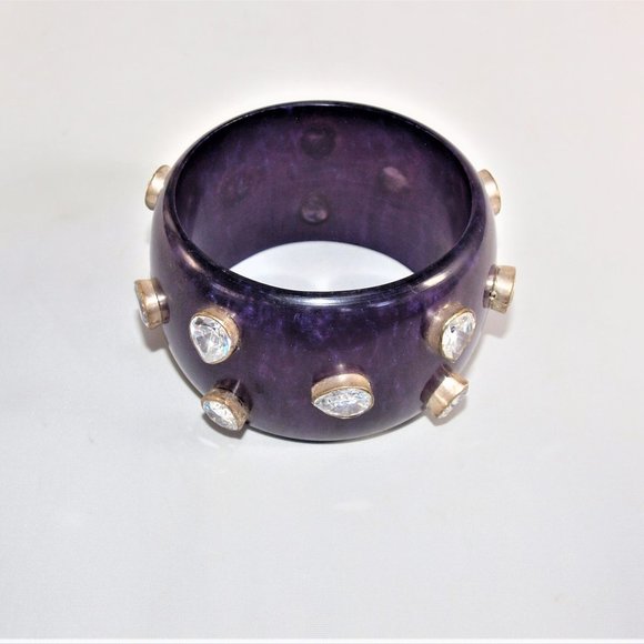 X-Wide Vintage Purple Acrylic Bangle with Silver Inset Crystals - Picture 3 of 5